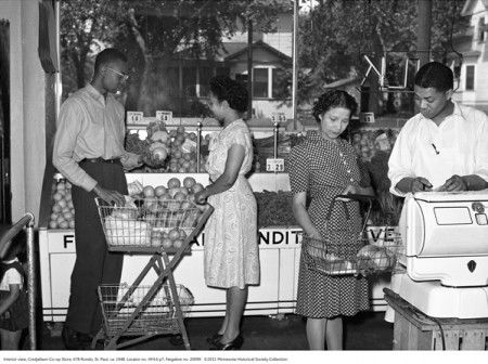 Customers at MinnesotaÃ¢ï¿½ï¿½s Credjafawn Co-op in the predominantly African-American Rondo neighborhood of St. Paul, circa 1950.