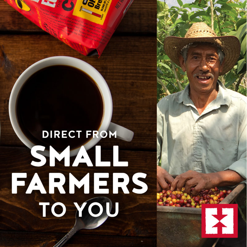 A photo of a cup of coffee and a farmer with the Equal Exchange logo that says "Direct from small farmers to you"