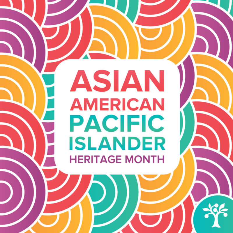 A purple, blue, red, and yellow swirly graphic with Asian American Pacific Islander Heritage Month written in the middle