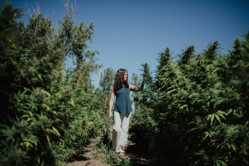 A woman walking through tall green plants
