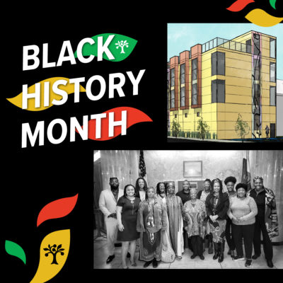 A graphic including a photo of people from the Cultural Wellness Center, a rendering of their future world headquarters, Dreamland on 38th Street, and text that reads "Black History Month"