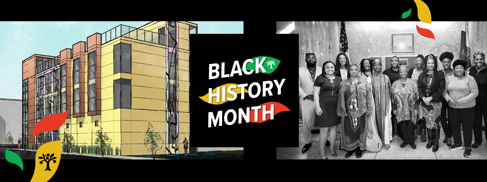 A graphic including a photo of people from the Cultural Wellness Center, a rendering of their future world headquarters, Dreamland on 38th Street, and text that reads "Black History Month"