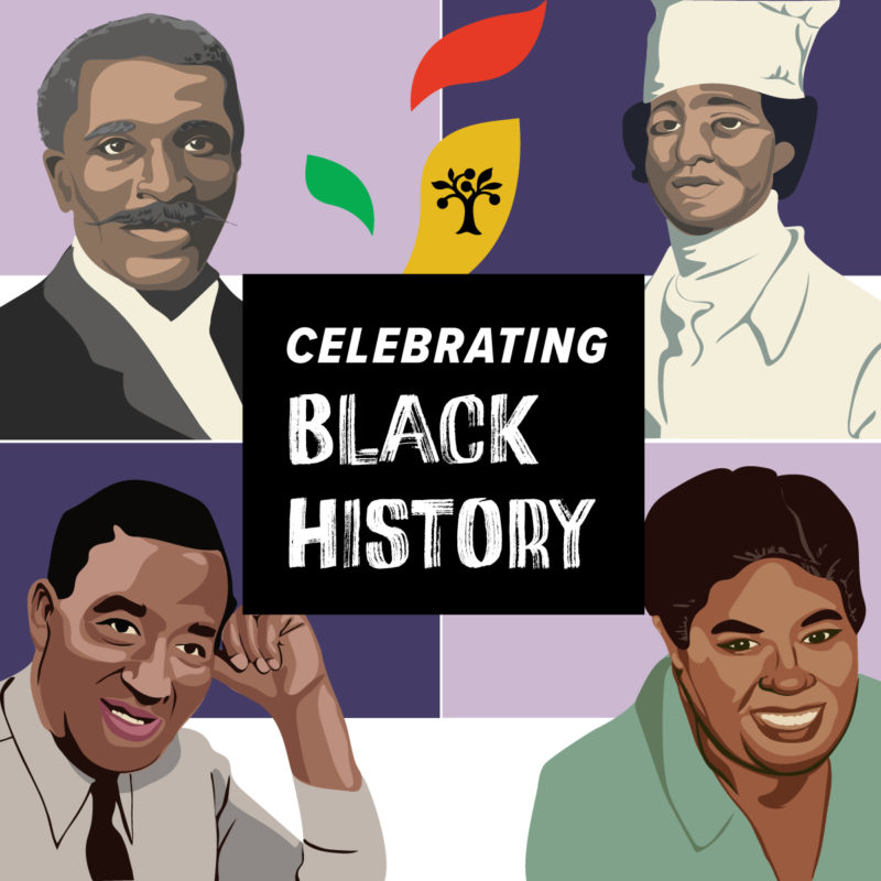 Four illustrations of significant Black figures in food history with text reading "Celebrating Black History"