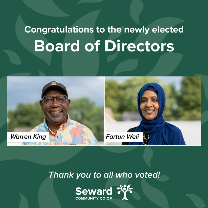 Two headshots of different people who have been elected to the board of directors at Seward Co-op: Warren King and Fartun Weli
