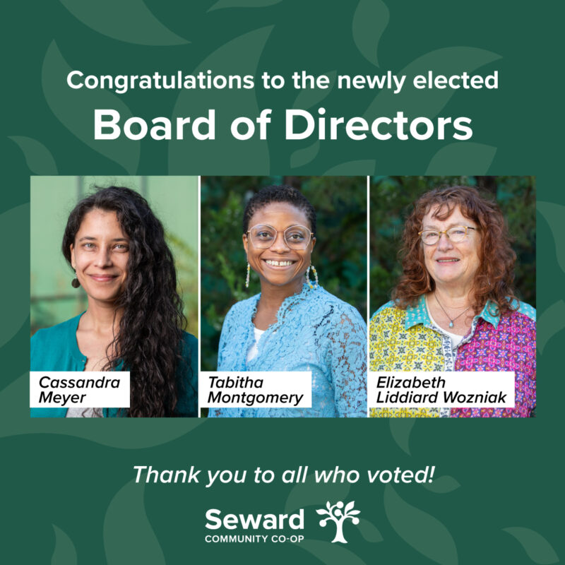 Photos of the winners of the 2024 board election: Cassandra Meyer, Tabitha Montgomery, and Elizabeth Liddiard Wozniak