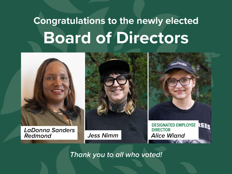 Photos of smiling winners of the 2025 Board of Directors election, LaDonna Sanders Redmond, Jess Nimm, and Alice Wiand