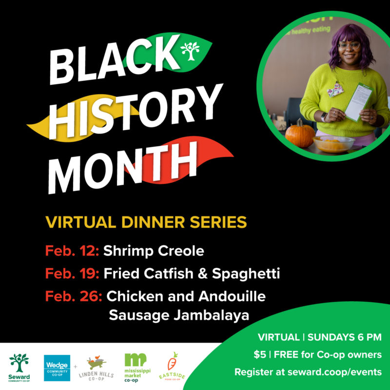 A black woman smiling and holding a recipe with text that advertises a Black History Month Virtual Dinner Series