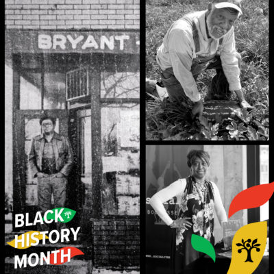 A black and white collage of three Black figures from or adjacent to the cooperative movement, with text overlay that reads "Black History Month"