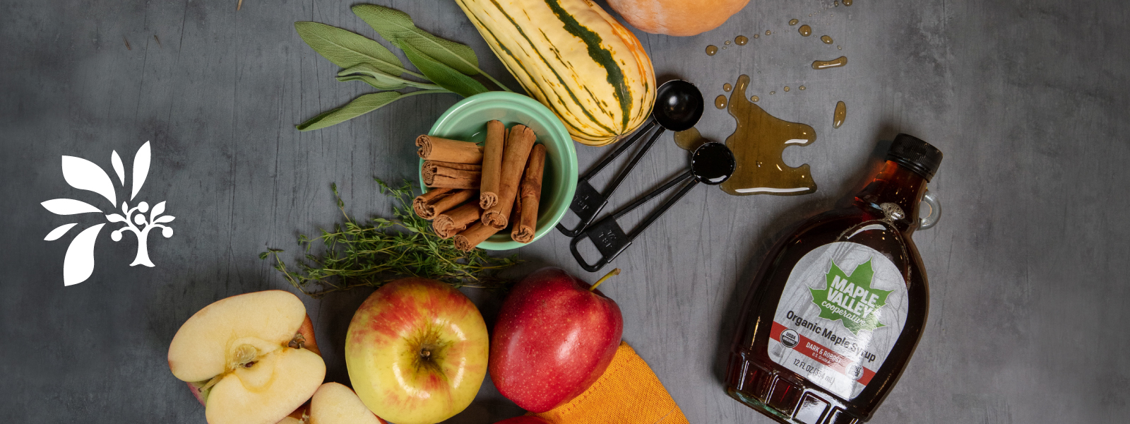 A variety of seasonal foods, including apples, squash, maple syrup, and more