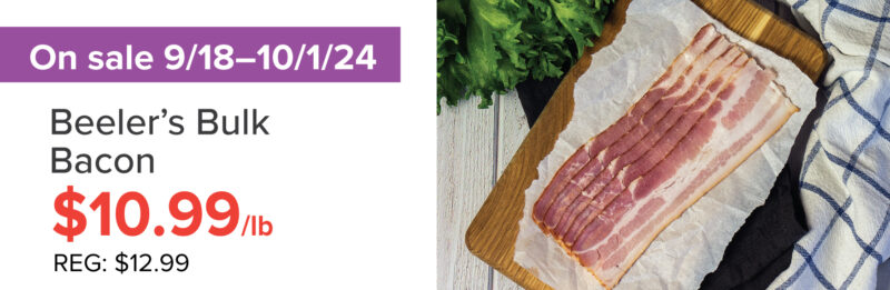 A graphic for a sale on Beeler's bacon for $10.99 per pound (regular $12.99 per pound) from September 8 through October 1