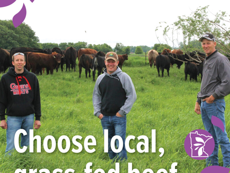 three people standing in front of cows with text overlay reading "choose local, grass-fed beef"