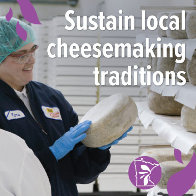 A person looking at a cheese wheel with text reading "Sustain local cheesemaking traditions"
