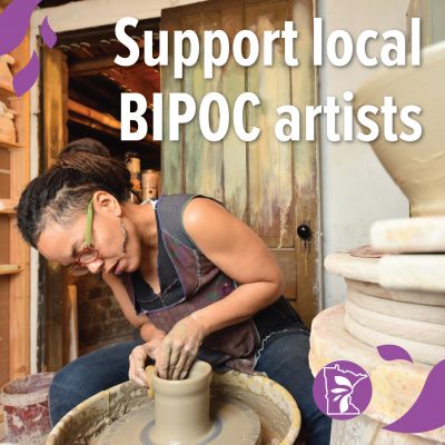 person making a pot on a wheel with clay text overlay says support local bipoc artists