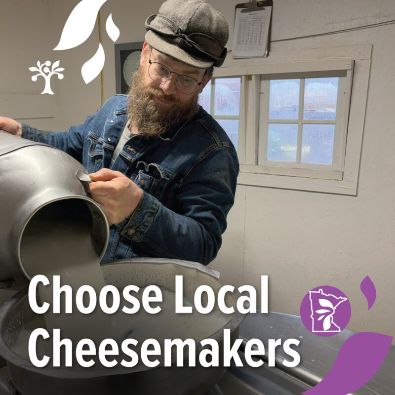 Someone making cheese with text overlay reading "Choose Local Cheesemakers"