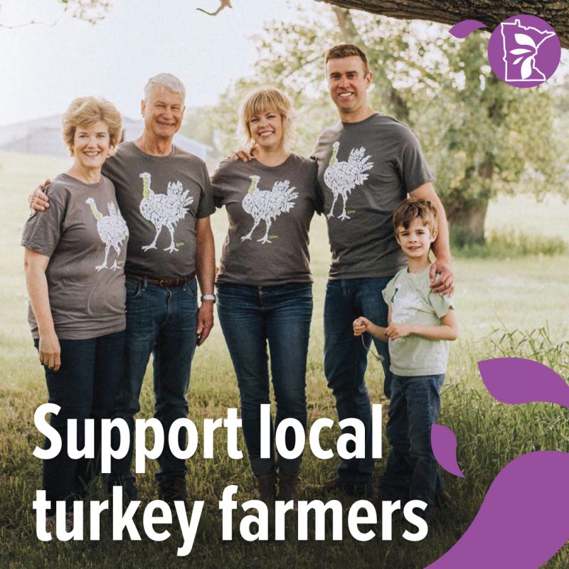 A group of people with shirts on that have turkeys on them and text overlay that reads "support local turkey farmers"