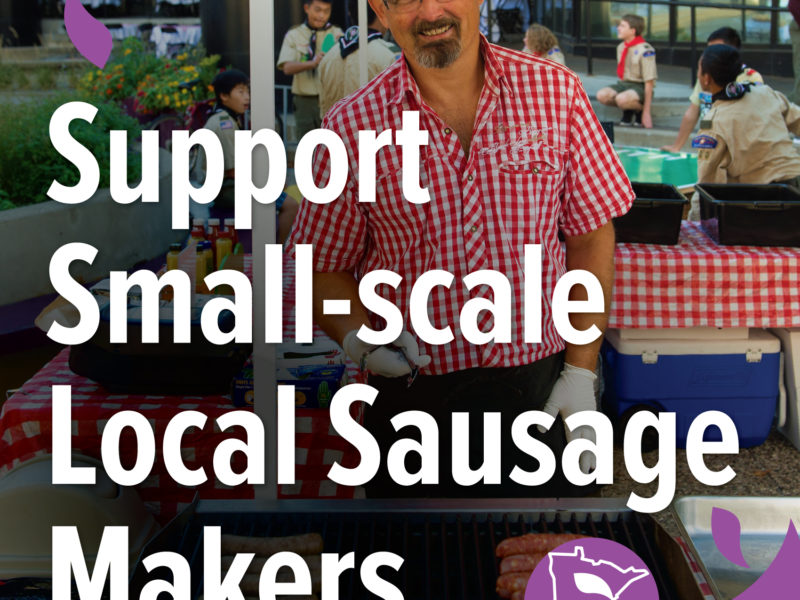 A person cooking brats on a grill with text reading "Support small-scale, local sausage makers"