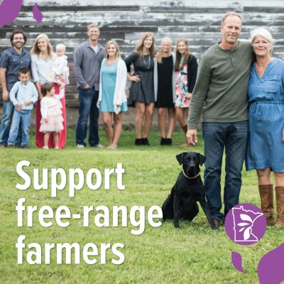 a group of people standing in a field with text overlay that reads "support free-range farmers"