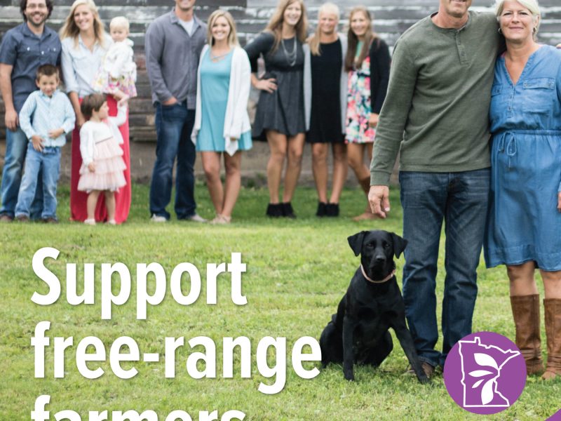 a group of people standing in a field with text overlay that reads "support free-range farmers"