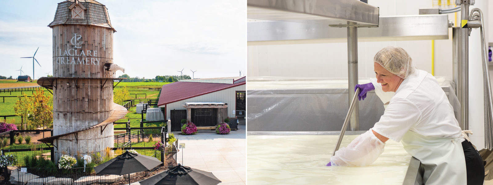 A diptych of a person working with cheese and a silo that reads "LaClare Creamery" on the side