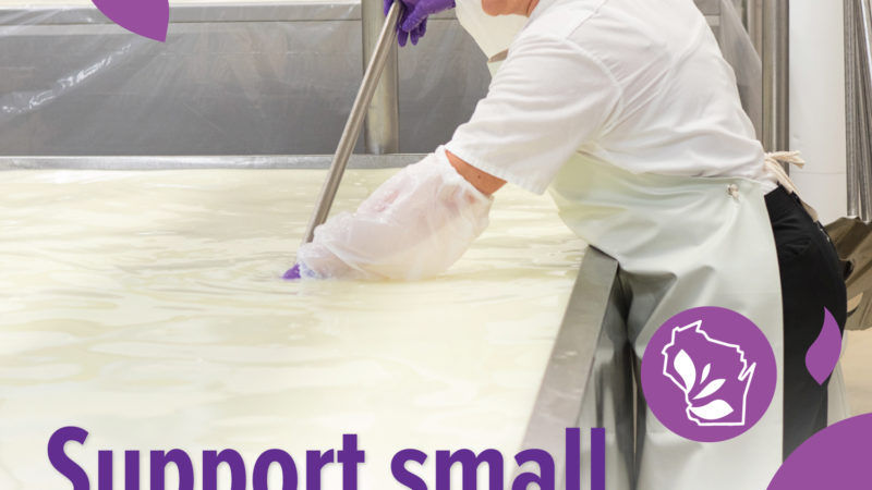 A person working with cheese with text overlay that reads "Support small, local cheesemakers"
