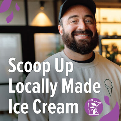 A photo of a smiling person with text reading "scoop up locally made ice cream"