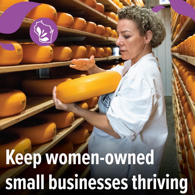 photo of woman holding orange wheel of cheese, text layover says "keep women-owned small business thriving"