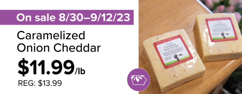 A sale graphic for caramelized onion cheddar cheese