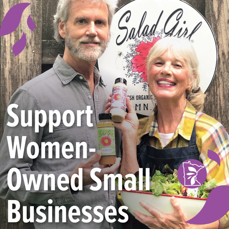 A photo of two smiling people holding bottles of salad dressing with text overlay that reads "Support women-owned small businesses"