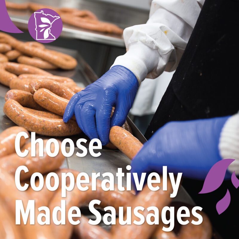 Someone making sausage links with text reading "Choose cooperatively made sausages"