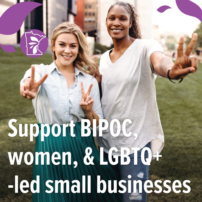 Two women holding up peace signs with text overlay that reads "Support BIPOC, women, and LGBTQ+-led small businesses"