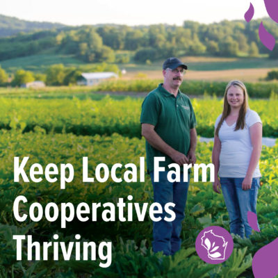 Two people standing in a field with text reading "Keep Local Farm Cooperatives Thriving"