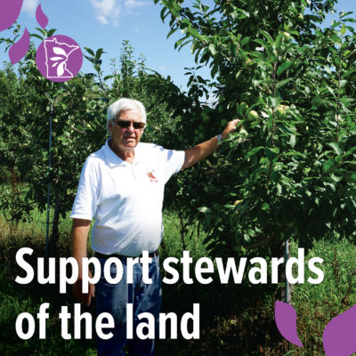 A photo of a person standing in an apple orchard with text that reads "Support stewards of the land"