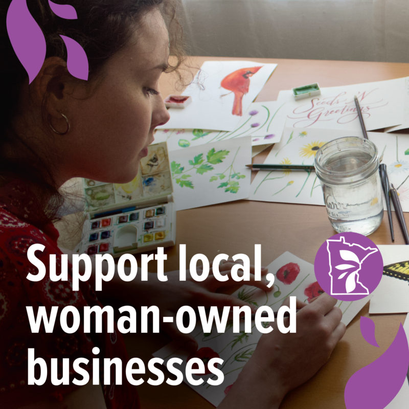 A person making handmade cards with text overlay that reads "support local, woman-owned businesses"