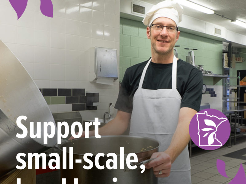 A photo of someone in a kitchen with a large pot and text reading "Support small-scale, local businesses"