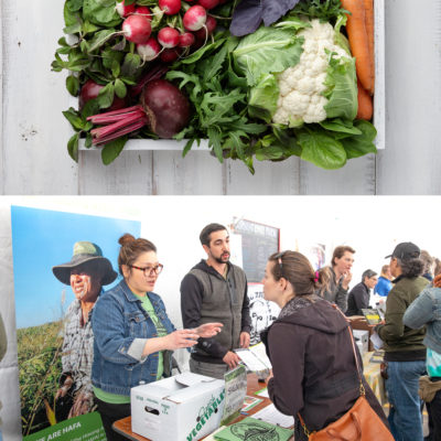 A diptych of a box of vegetables on top and people at a CSA Fair on bottom