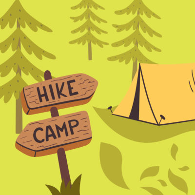 An illustration of a tent, trees, and a signpost