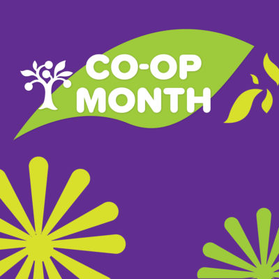 A purple and green graphic that reads "Co-op Month"