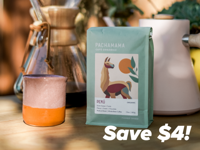 A photo of Pachamama coffee with text reading "save $4"