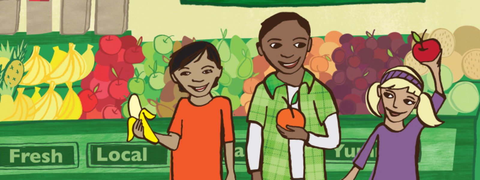 A drawing of three kids in a grocery store holding fruit