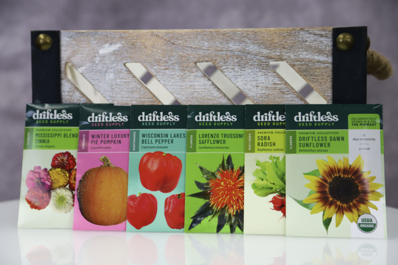 A display of Driftless seed packets