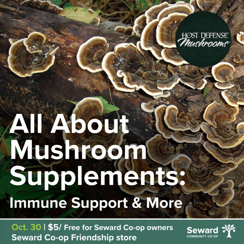 A graphic for a class at the Friendship store called "All About Mushroom Supplements: Immune Support and More with Host Defense" on October 30