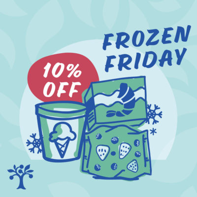 An illustration of frozen foods with text reading "Frozen Friday" and "10% off"