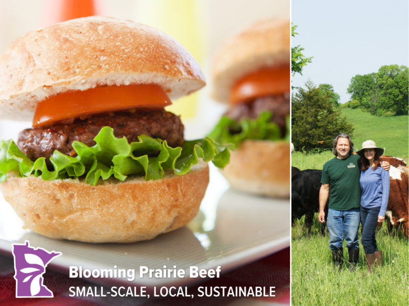 A photo of a hamburger slider and two farmers from Blooming Prairie Beef