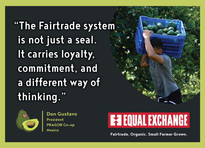 A photo of someone carrying avocados and a quote about Fairtrade