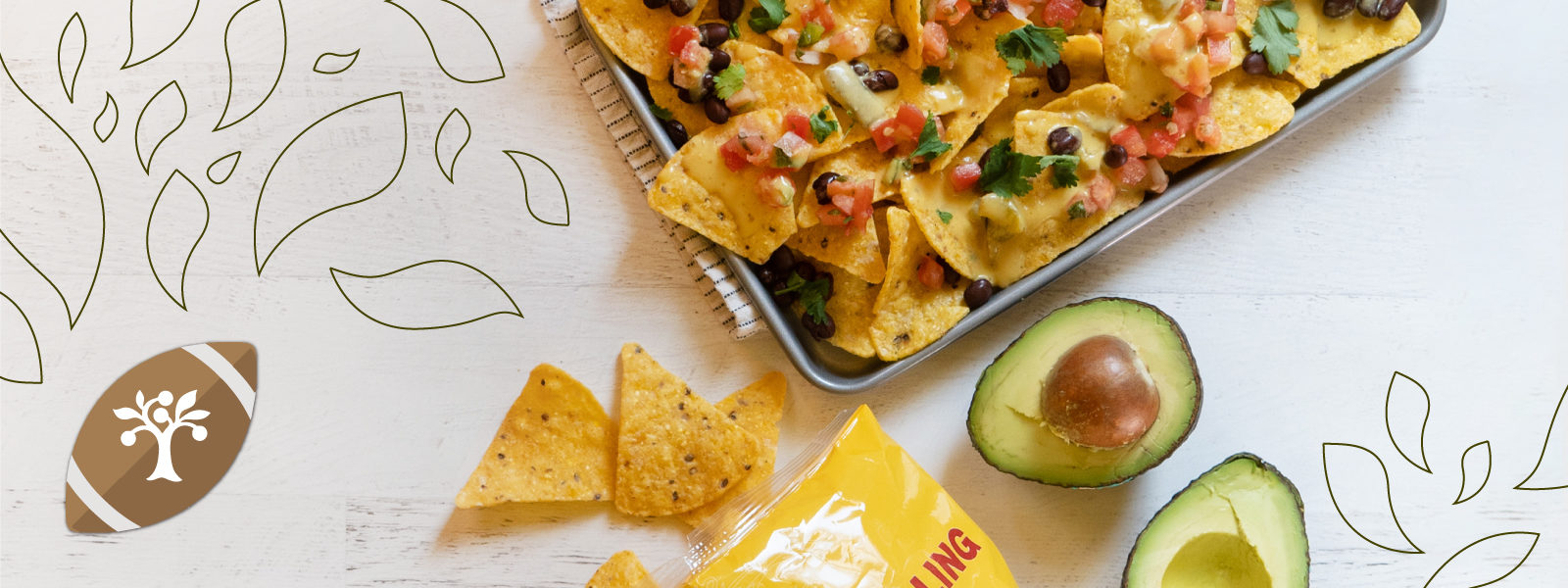 A photo of avocados and nachos, with a small football graphic in the corner
