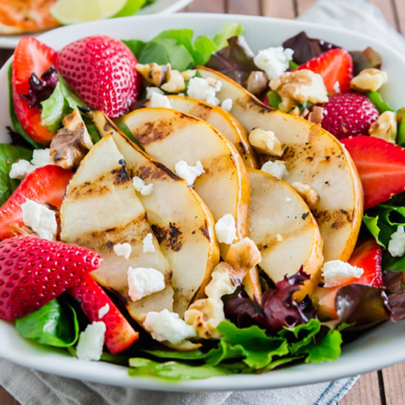 Grilled Pear Salad with Strawberries and Chevre