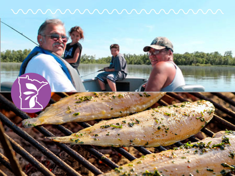 A photo of Red Lake fishermen with a picture of fish on a grill