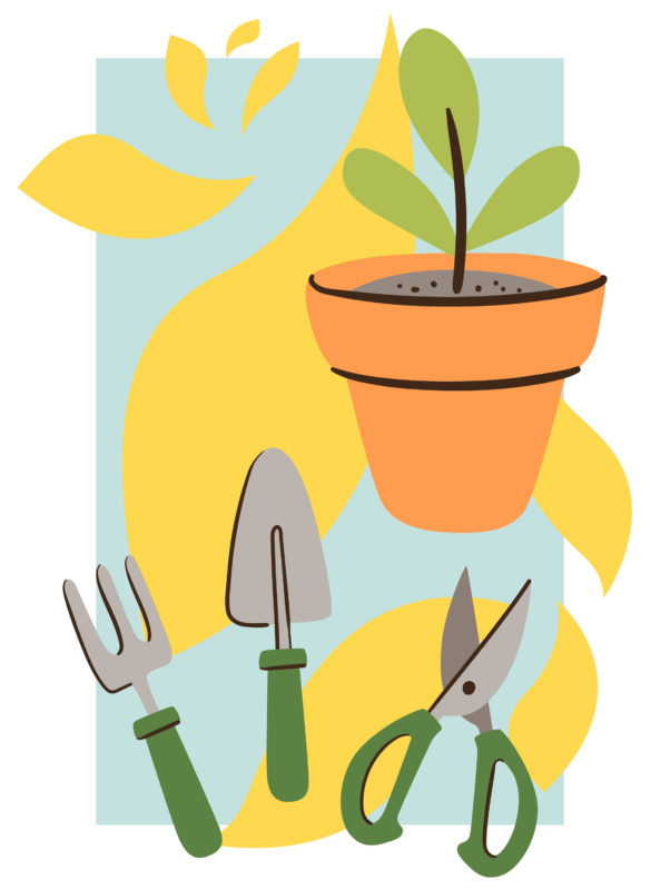 Illustrations of garden tools and a potted plant