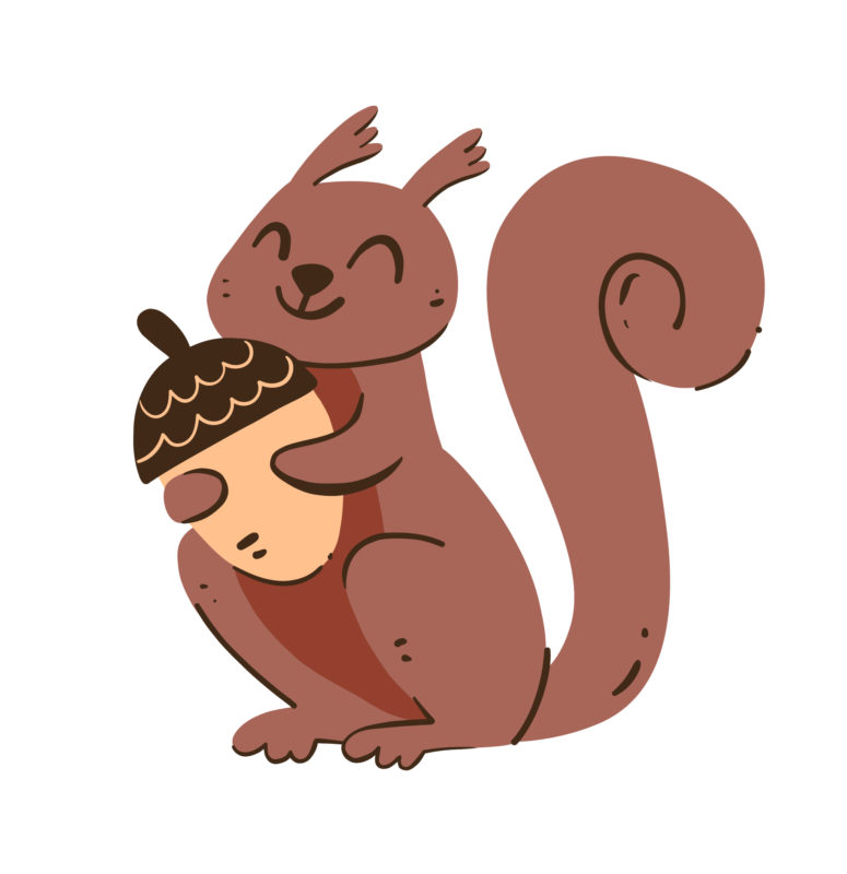 An illustration of a smiling squirrel holding an acorn