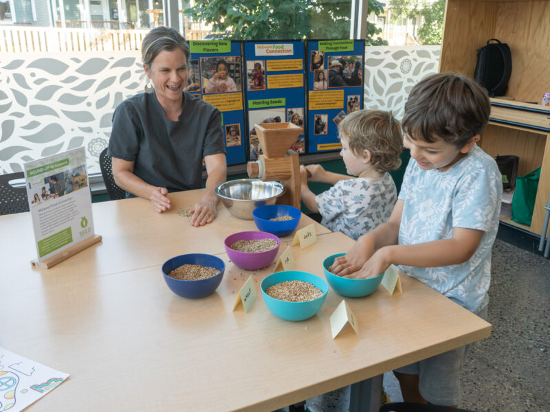 kids playing with grains in bowls on a table